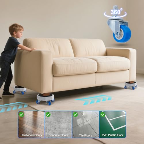New Upgrade Furniture Sliders, Furniture Lift Heavy Duty Furniture Moving System with Roller Dolly Set Mover Tool Set750LBS- 4 Hexagonal Sliders with 4 Blue Wheels and Moving Rod - size: 770LBS