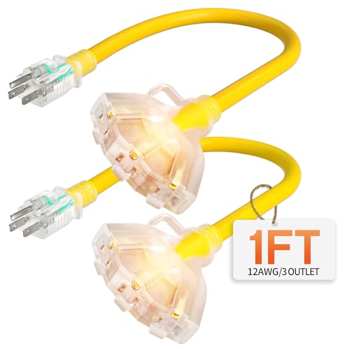 1 ft 12 Gauge Heavy Duty 3 Outlet Extension Cord Splitter with Indicator, Waterproof Outdoor Extension Cord with Multiple Outlets, 15A 1875W for Workshop, ETL Listed, Yellow SJTW, 2 Pack - size: 1FT-2pcs