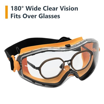 POWERTEC 72227 Safety Goggles Over Glasses & Knee Pads, Scratch Proof UV Protection Anti-fog & Knee Pads w/Thigh Straps Shell Soft Foam & Thick Gel Cushion, Woodworking, Construction, Flooring - style: Safety Goggles + Gel Knee Pad