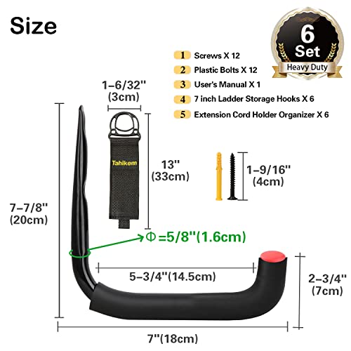 6 Set Garage Hooks - Wall Mounted, Heavy Duty, 7 Inch Large, Extension Cord Hanger, J Hooks for Ladder, Mowers, Cable Bracket - Black - size: 7 Inch- 6 Set