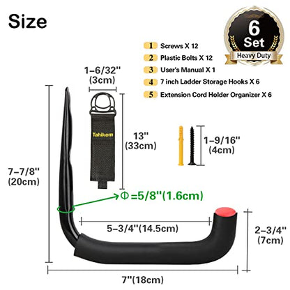 6 Set Garage Hooks - Wall Mounted, Heavy Duty, 7 Inch Large, Extension Cord Hanger, J Hooks for Ladder, Mowers, Cable Bracket - Black - size: 7 Inch- 6 Set