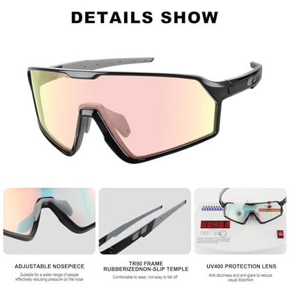 BangLong Photochromic Cycling glasses for Men Women, Clear Running MTB Sunglasses UV Protection - color: Black Frame-red Photochromic