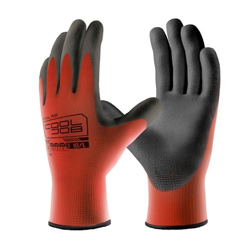 COOLJOB 12/60 Pairs Safety Work Gloves Pack Bulk with Grip PU Coating, 13 Gauge Seamless Knit Gloves with Polyurethane Dipped for Warehouse Working, Breathable Lightweight for Men Women, Red Small - color: Red, size: Small (Pack of 12)