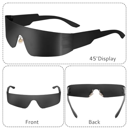 2 Pcs Futuristic Wrap Around Sunglasses Y2K Fashion Trendy Rimless Glasses Punk Eyewear for Women Men - color: Black+silver
