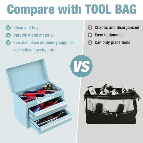 WORKPRO Mini Metal Tool Box with 2 Drawers and Top Storage, Small Tool Chest with PVC Liners and PP Feet Pads, Cold Rolled Steel Toolbox with Magnetic Tab - color: Macaron Blue