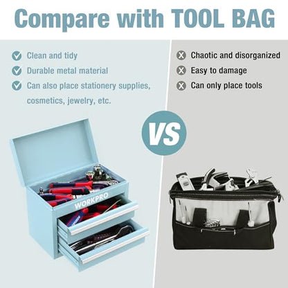 WORKPRO Mini Metal Tool Box with 2 Drawers and Top Storage, Small Tool Chest with PVC Liners and PP Feet Pads, Cold Rolled Steel Toolbox with Magnetic Tab - color: Macaron Blue