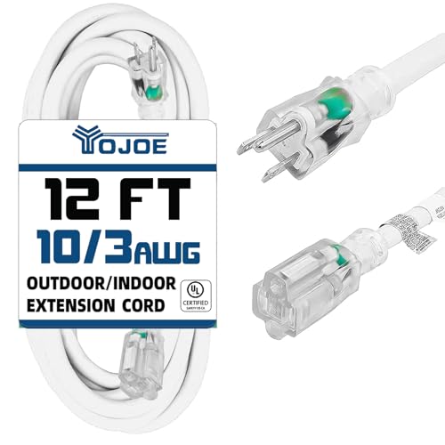 YOJOE 10 Gauge Heavy Duty 12 ft White Extension Cord with Lighted End, 3 Prong 15A Weatherproof Power Cord for Indoor/Outdoor Use, UL Listed - color: White, size: 12 Foot