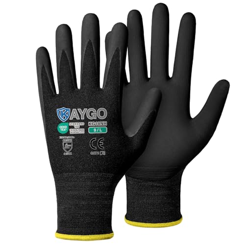KAYGO Safety Work Gloves MicroFoam Nitrile Coated, 3 Pairs KG18NB,Seamless Knit Nylon Glove with full fingers Touchscreen, Ideal for Automotive,Warehouse,Construction (L, Black) - color: Black, size: Large