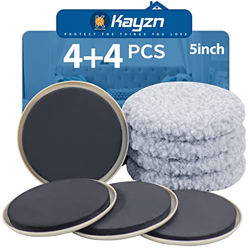 Furniture Sliders Multi-Surface 2-in-1 Reusable Moving Pads for All Floor Types - 4 Pack 5" Carpet Sliders and 4 Hardwood Socks - Protect Floor and Easier to Move Your Furniture - size: 4+4 Pack 5inch (Grey)
