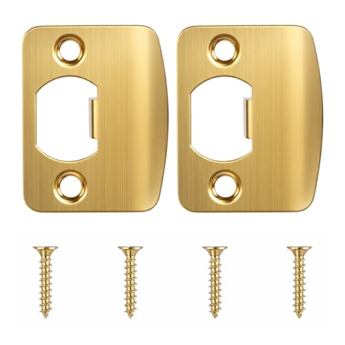 Gold Door Strike Plate, 5.7x4.5cm/2.25x1.77in Universal Strike Plates for Interior Doors, 2 Pack Round Corner Door Latch Plate with Screws for Home Renovation