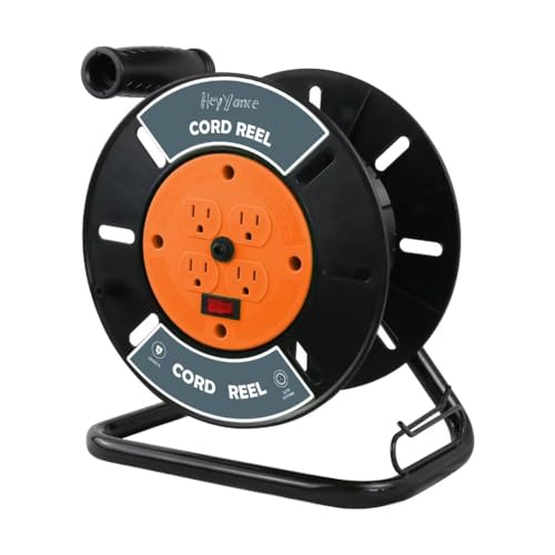 Extension Cord Storage Reel with 4-Grounded Outlets, Heavy Duty Open Cord Reel for 12/3 14/3 16/3 Power Cords, Portable Empty Hand Crank Electric Cord Roller Holder, Orange - color: Orange
