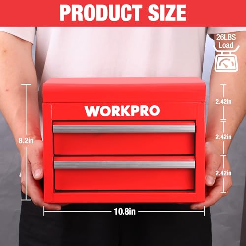 WORKPRO Metal Mini Tool Box, Top Tool Chest containing Two Drawers with Ball Bearing Slides, PVC Drawer Liners and PP Feet Pads, Durable Cold Rolled Steel Small Toolbox for Multi-Purpose Storage - color: Red