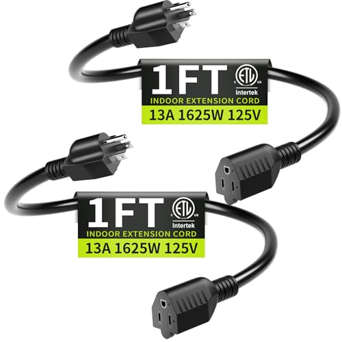 Short Extension Cord 1FT 2 Pack,16 AWG Black Power Cord Indoor for Laptops,Coffee Makers,Office Home Appliances, 3 Prong Small Extension Cable Outlet Saver,13A 125V 1625W,ETL Listed. - color: Black, size: 1FT-2pc, style: 16AWG Extension Cord