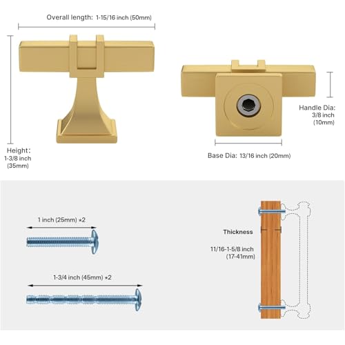 Haliwu 6 Pack Gold Cabinet Knobs Brushed Brass T-bar Knobs Single Hole Hardware for Dresser and Drawer Kitchen Cupboard - color: Matte Gold, size: 51mm(2 inch)