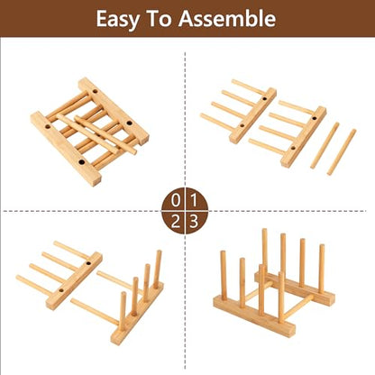 HBlife 4pcs Bamboo Dish Plate Bowl Cup Book Pot Lid Cutting Board Drying Rack Stand Drainer Storage Holder Organizer Kitchen Cabinet（Keep Dry） - color: Bamboo 3 Slots 4pcs