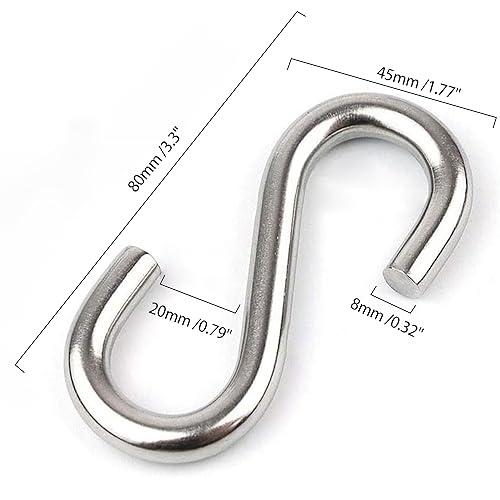 FDKJEJC 2 Pack 3.3-Inch Heavy Duty S Hooks, 304 Stainless Steel Swing Hammock Hooks, Maximum Load Capacity 557 lbs