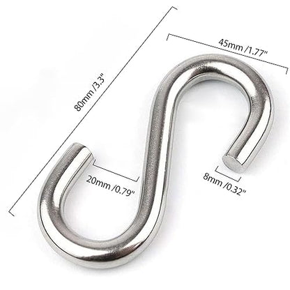 FDKJEJC 2 Pack 3.3-Inch Heavy Duty S Hooks, 304 Stainless Steel Swing Hammock Hooks, Maximum Load Capacity 557 lbs
