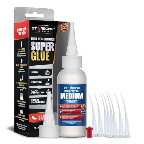 Starbond Medium Super Glue Pro Kit (2 oz) – Strong, Fast, All-Purpose CA Glue (Cyanoacrylate Adhesive) – with Anti-Clog Cap, Precision Tips & Extra Nozzles for Woodworking, Quick Fixes & Hobby Models - size: 2 ounce