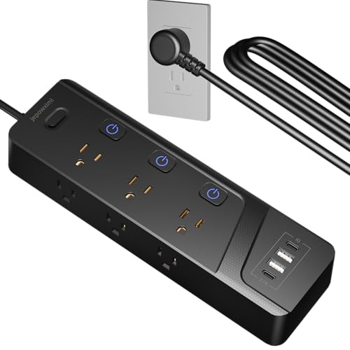 Surge Protector Power Strip with Individual Switches - 6 Wide Spaced Outlet 4 USB Ports(2 USB C), 10ft Extension Cord with Switch On/Off, 1500J, 3 Prong Flat Plug, Wall Mount for Home Office - color: Black, size: 10 Ft