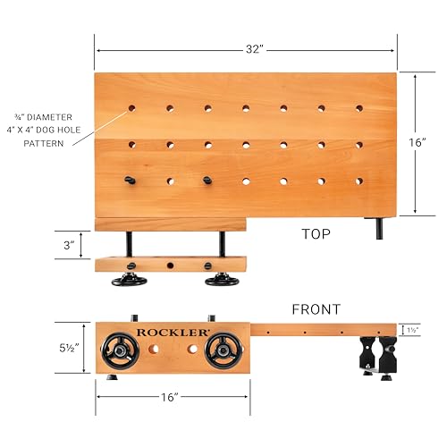 Rockler Handy Bench Portable Woodworking Workbench with Moxon Vise - 16x32 Solid Beech Benchtop, 4x4 Dog Hole Grid - Adjustable Steel Base Brackets, Compact Work Table for Garage or Shop