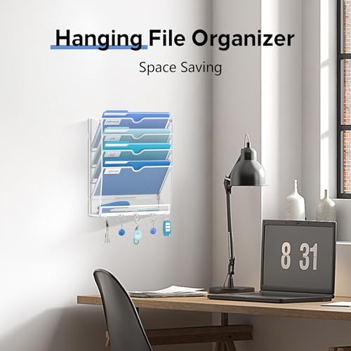 5 Tier Wall File Organizer - Hanging File Organizer with 5 Hooks, Mail Holder Wall Mounted for Papers, Folders, Magazines, Bills, Office&School Organization, White - size: 5 Tier-White