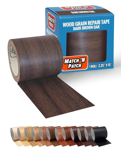 MATCH 'N PATCH Wood Grain Repair Tape - Dark Brown Oak, 2.25 in x 15 ft (1-Pack) – Wood Grain Colored Duct Tape for Mirror Frame, Trim, Borders, Floor and Other Furniture, Scratch Repair Kit - color: Dark Brown Oak