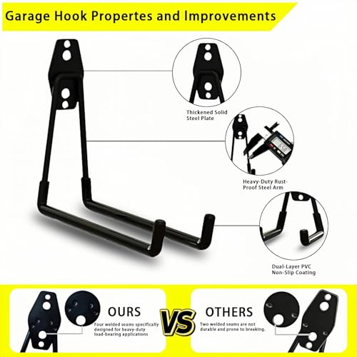 6 Pack Garage Hooks Heavy Duty with Anti-Slip Coating, Steel Utility Ladder Hooks for Hanging Garden Tools, Hoses, Ropes, Bikes and More (7.7in) - size: 7.7in