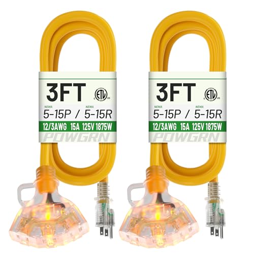 POWGRN 3 FT 2 Pack 12/3 Gauge Extension Cord with Multiple Outlets Outdoor, 3 Outlet Extension Cord Heavy Duty Yellow with Lighted, Tri-Tap Power Cable, 12AWG 15Amp 1875Watts 125Volts SJTW, ETL Listed - size: 3FT-2pc, style: 3 Outlet