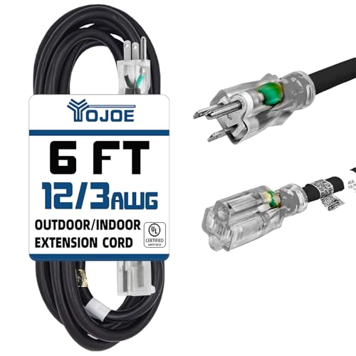 YOJOE Indoor Outdoor Extension Cord with Lighted End, 3 Prong 15A Weatherproof Power Cord, 12 Gauge Heavy Duty 6 ft Black Extension Cord for Garage, Garden and Home, 12/3 SJTW UL Listed - color: Black, size: 6 Foot, style: 12/3 Lighted-End