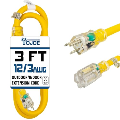YOJOE Indoor Outdoor Extension Cord with Lighted End, 3 Prong 15A Weatherproof Power Cord, 12 Gauge Heavy Duty 3 ft Yellow Extension Cord for Garage, Garden and Home, 12/3 SJTW UL Listed - color: Yellow, size: 3 Foot, style: 12/3 Lighted-End