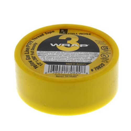 1/2" x 260" PTFE 3-Wrap Yellow Gas Thread Seal Tape (Roll)