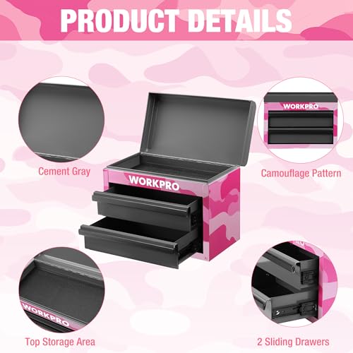WORKPRO Metal Mini Tool Box, Top Tool Chest containing Two Drawers with Ball Bearing Slides, PVC Drawer Liners and PP Feet Pads, Cold Rolled Steel Small Toolbox for Multi-Purpose Storage - Pink Ribbon - color: Pink Camo
