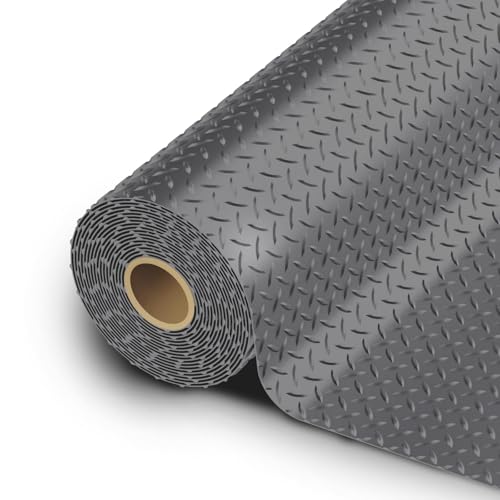 StellarStar 10x25 FT Garage Floor Mat, 2.8mm Thickened PVC Flooring Roll for Under Car, 250 SQFT Diamond Plate Gray Garage Mats for Garage, Warehouse, Basement, Factory, Trailer (Include Tapes) - color: Gray, size: 10x25 FT