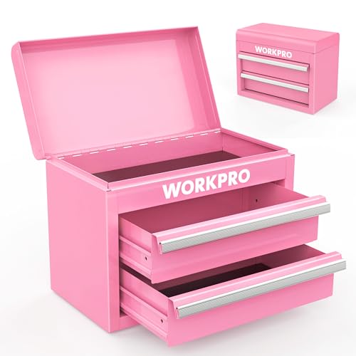 WORKPRO Mini Metal Tool Box with 2 Drawers and Top Storage, Small Tool Chest with PVC Liners and PP Feet Pads, Cold Rolled Steel Toolbox with Magnetic Tab - Pink Ribbon - color: Pink