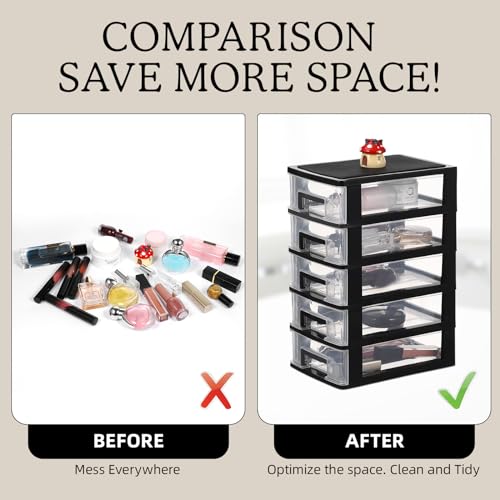 Cabilock 5-Tier Plastic Storage Drawers Clear Desktop Organiser Unit Small Stackable Craft Bins for Office Stationery Makeup Jewellery 31x21x15cm - color: Black