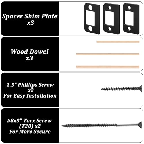 Door Strike Plate, 3 Thickness Sizes Standard Door Strike Spacer Shim Plates Stainless Steel Door-Gap Blocker Kit Doors Latch Plate with 3 Wood Dowel Strips and 4 Adapter Screw for Doors Frame Repair