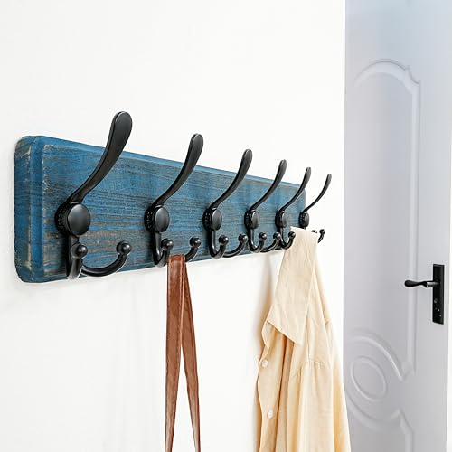 Dseap Coat Rack Wall Mounted - 24" Long 6 Tri Hooks, Heavy Duty Wooden Wall Coat Hanger Coat Hook for Clothes Hat Jacket Clothing, Weathered Blue and Black, Pack of 2 - color: Weathered Blue & Black, size: L=24"