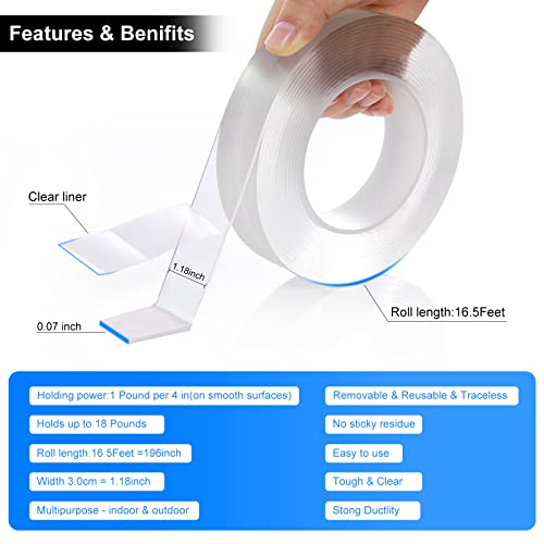 Nano Double Sided Tape Heavy Duty, Multipurpose Removable Mounting Tape Adhesive Grip,Reusable Strong Sticky Wall Tape Strips Transparent Tape Poster Carpet Tape for Paste Items,Household…