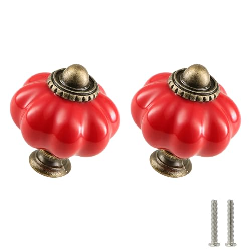 Red Pumpkin Knobs 2 Pack Ceramic Cabinet Knobs Vintage Drawer Pulls - Antique Dresser Pulls with Screws for Closet Drawer Cupboard Cabinet and DIY Home Project - color: Red