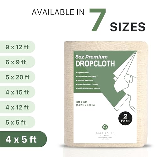 Salt Earth Canvas Drop Cloth 2Pcs, Reusable Paint Drop Cloth, 100% Recycled Cotton Canvas Tarp Cover for Painter, Furniture, Floor Protection, All Purpose Painters Dropcloth for Christmas DIY (4x5FT) - size: Pack of 2 - 4x5