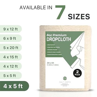 Salt Earth Canvas Drop Cloth 2Pcs, Reusable Paint Drop Cloth, 100% Recycled Cotton Canvas Tarp Cover for Painter, Furniture, Floor Protection, All Purpose Painters Dropcloth for Christmas DIY (4x5FT) - size: Pack of 2 - 4x5