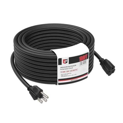 EP 100 Ft Outdoor Extension Cord - 16/3 SJTW Black Electrical Cable with 3 Prong Grounded Plug - color: Black, size: 100ft-1pk