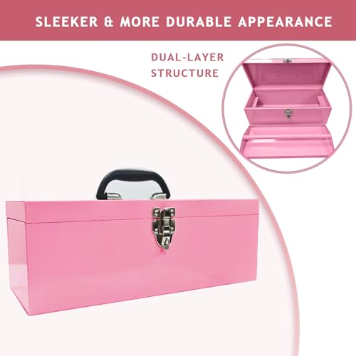 16" Pink Tool Box 18-Gauge Pink Tackle Box Portable Metal Toolbox Large Tool Box Drawer Organizer With Metal Latch and Handle - color: Pink