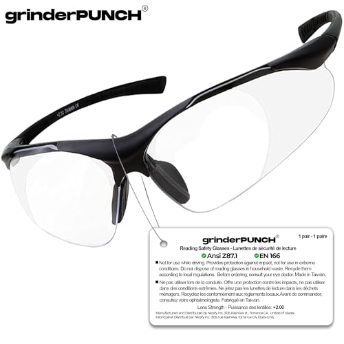 grinderPUNCH Full Lens Magnification Safety Glasses Readers ANSI Z87 Impact Resistant Diopter Magnifying Reading Glasses - style: +2.00 Diopter