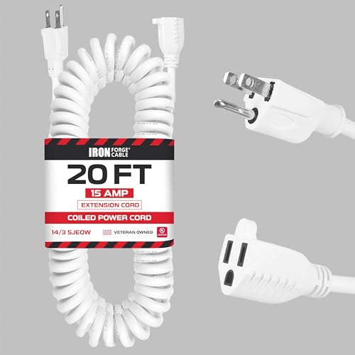 Iron Forge Cable 20 ft White Coiled Extension Cord - 14/3 SJEOW Oil Resistant & Flame Retardant 3 Prong 15 Amp Coiled Power Cord for Indoor or Outdoor Use, Great for Farms & Ranches - color: White, size: 20 ft