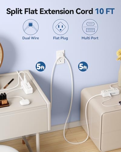 PD30W Split Extension Cord 10FT (5FT on Each Side), Single Flat Plug Twin Extension Cord with 4 AC Outlets, 2 USB-A & 3 USB-C, Nightstand Charging Station for Bedroom, His and Hers - size: 5ft (Pd)