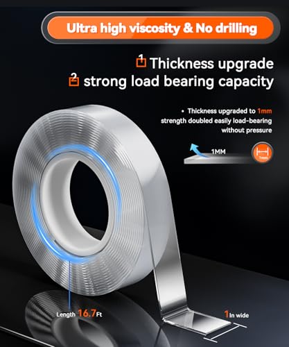 Strong Heavy Duty Double Sided Tape, 1" x 16.7FT Extra Large Clear & Tough Removable Nano Adhesive Filament Tape for Wall Hanging Strip Poster Deco Rug (1/16" Thick) - size: 1" X 16.7 Ft (1/16" Thick)