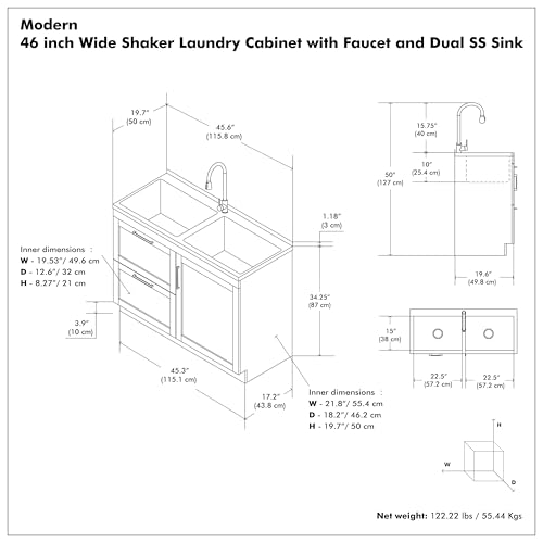 SIMPLIHOME Modern Wide Shaker All-in-One 46 inch Wide Utility Sink and Laundry Cabinet in Pure White Finish, Transitional Stainless Steel Sink Cabinet for Laundry Rooms with High-Arch Chrome Faucet - color: White, size: 46 inch