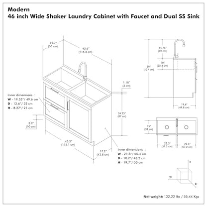 SIMPLIHOME Modern Wide Shaker All-in-One 46 inch Wide Utility Sink and Laundry Cabinet in Pure White Finish, Transitional Stainless Steel Sink Cabinet for Laundry Rooms with High-Arch Chrome Faucet - color: White, size: 46 inch