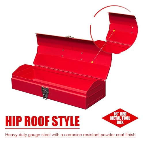 Portable Tool Box, Metal Tool Box, 4 Non-Slip Foot Pads, Ideal for Trailer, Mechanic, DIY-ers, Car Toolbox, Workshops, Garages, Repair Shops,Red - size: 1P-16in-Red